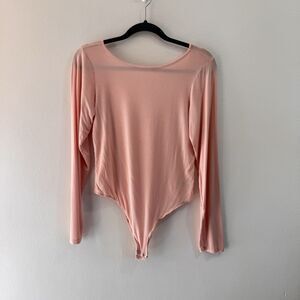 Aerie American Eagle Bodysuit Shirt L Long Sleeve Ballerina Pink Thong Open Back
